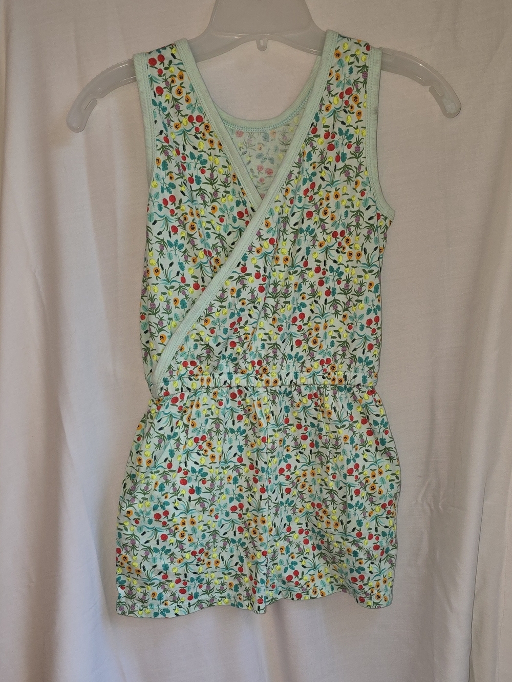 Tea Collection Mint Floral Wrap Romper with Red & Yellow Accents